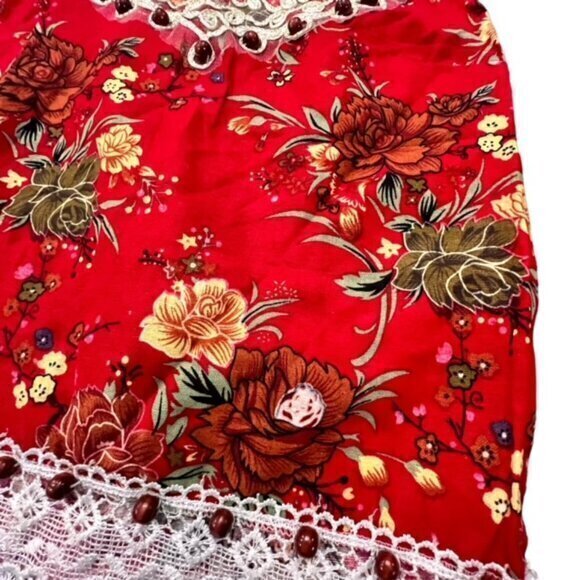 Beaded Crochet Trim Halter Tank Top Red‎ Floral XS S BOHO Hippie Western Beach - Picture 7 of 12